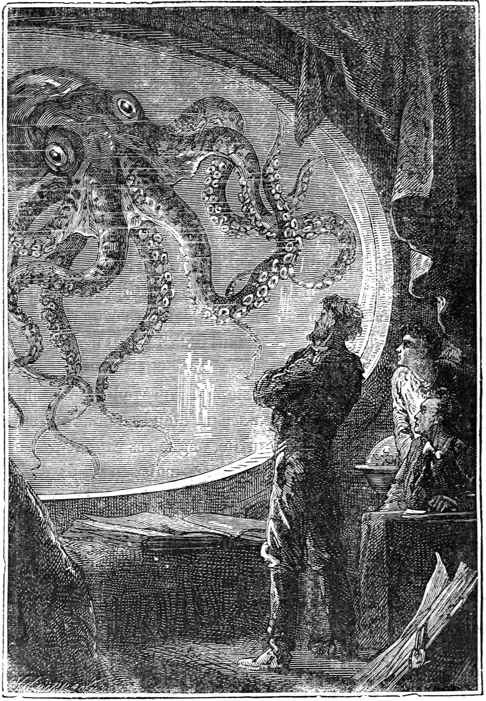 Le Nautilus face au poulpe géant — gravure de Vingt mille lieues sous les mers
